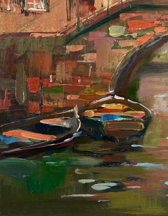 Original Oil Painting Urban Landscape Architecture Bridge City With A River – Paintings & Drawings, Mdf (photo 7 of 9)