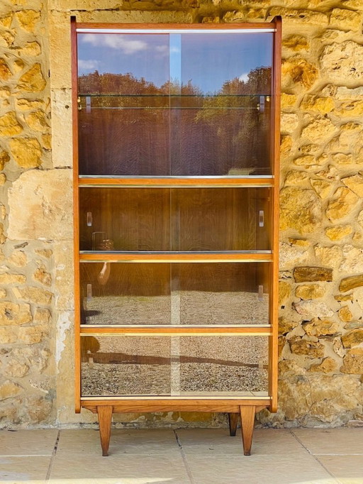 Mid Century, Oak Bookcase with Sliding Glass Doors, 1960s