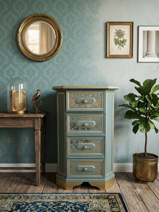 Semainier / Chiffonnier vintage rénové – Vert Sauge & Dorures florales
