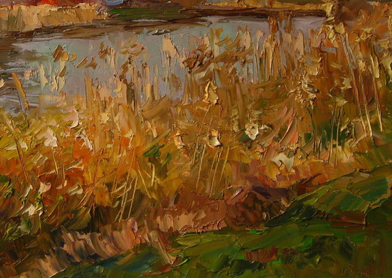 Origineel Olieverfschilderij Natuurlandschap Stadsrand Herfstrivier – Schilderijen & Tekeningen, Canvas (photo 7 of 7)
