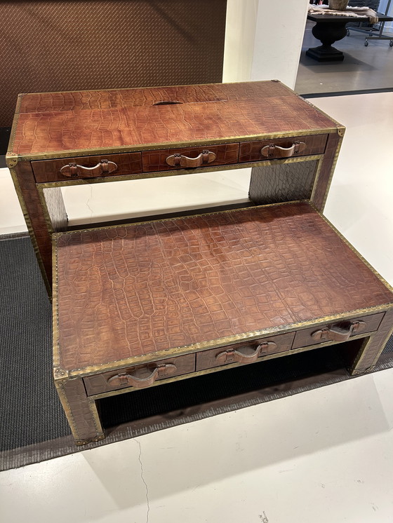 Image 1 of Exclusive Leather Trunk Tables – Genuine Leather with Crocodile Print – Boutique Luxury Set