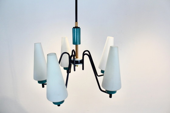 Lampada a sospensione olandese in acciaio, legno e vetro opalino, Lampadari, polished steel (foto 9 di 10)
