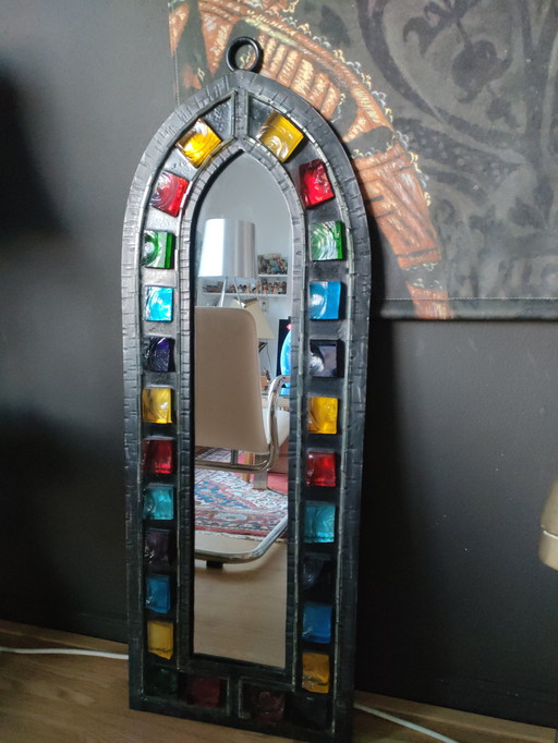 Vintage design wrought iron glass brutalist mirror