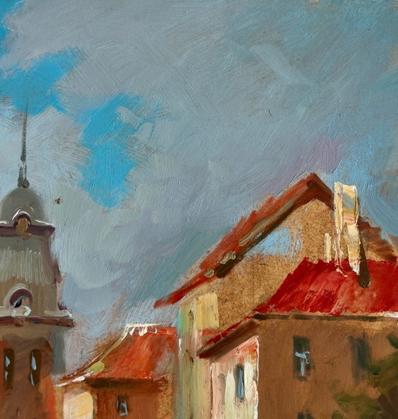 Image 1 of Original Oil Painting Summer City Landscape A quiet pier near the city