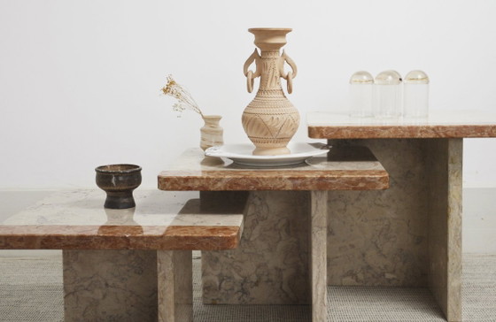 Image 1 of  Vintage Marble Nesting Tables Set of 3, Square Side Tables, Postmodern Solid Fossil Marble Stone Coffee Tables, Modern Accent F