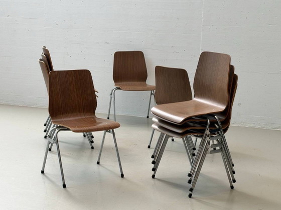 4 Sedie Impilabili – Impiallacciatura in Legno & Cromo, Stile Mid-Century – Poltrone, Vintage (photo 4 of 14)