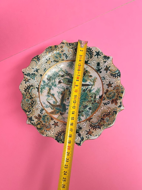 Image 1 of Vintage Satsuma pedestal serving dish, Japanese bird-themed serving dish