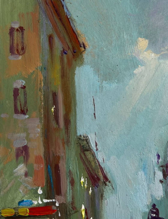 Image 1 of Origineel olieverfschilderij: Zomers stadslandschap. De drukte van het stadsleven.