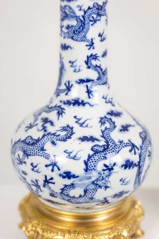 Image 1 of Pair of porcelain lamps decorated with dragons and gilt bronze. Circa 1880
