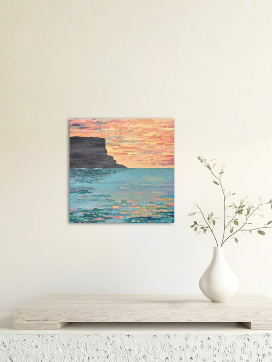 Image 1 of Impressionistisch zeegezicht schilderij – kleurrijke zonsopkomst boven zee | Facing West