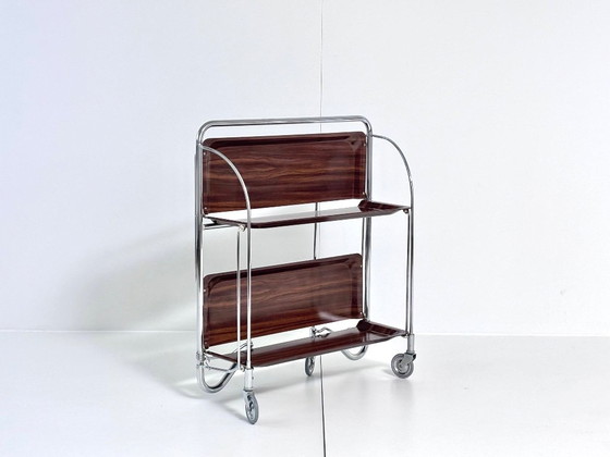 Desserte Bremshey Dinett, pliable, chrome et aspect bois foncé, Mid-Century, Argenté, Vintage (photo 9 sur 15)