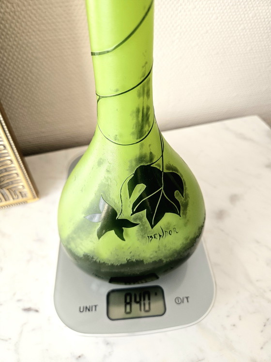 Image 1 of Large Art Nouveau Soliflore Vase Signed BENDOR Multi-layered Glass Acid-Etched Collector's Item 35cm