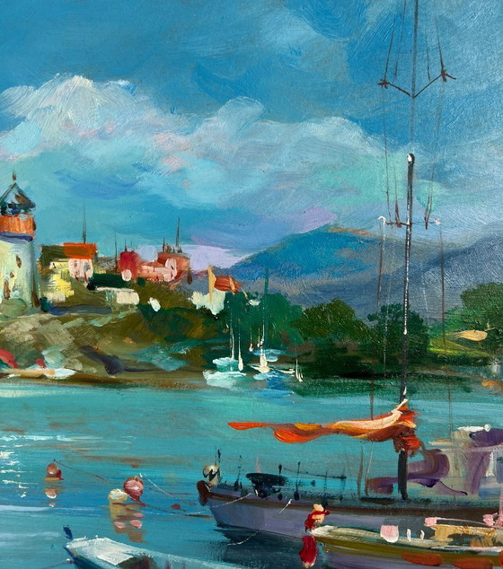 Image 1 of Original Oil Painting Summer Coastal Landscape Boats and lighthouse