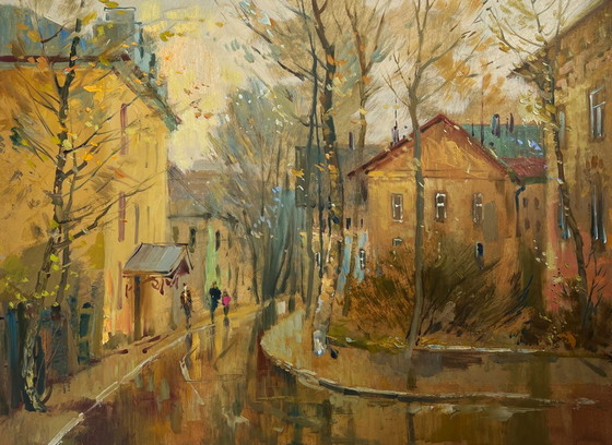 Image 1 of Pintura al óleo original Paisaje urbano otoñal Reflejos del otoño