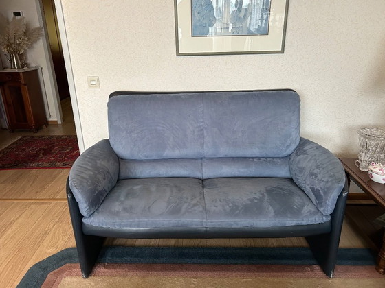 Image 1 of Leolux Bora Bora 3-2,5-1 Zits bank/fauteuil uitgevoerd in leer/alcantara blauw.