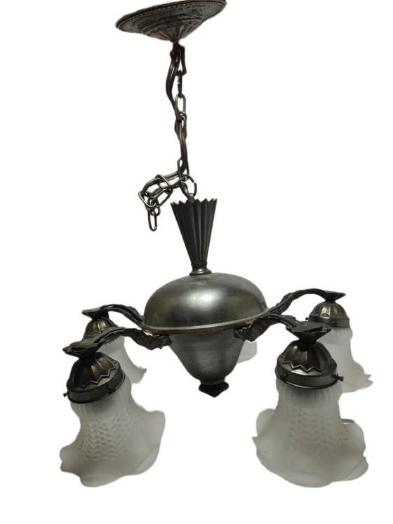 Art Nouveau kroonluchter, Duitsland, jaren 1900 – Glass, Metal (photo 4 of 11)