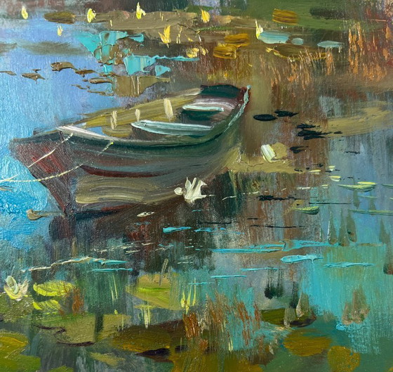 Image 1 of Peinture à l'huile originale représentant un paysage fluvial estival avec un bateau dans une scierie