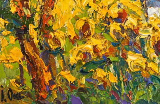 Image 1 of Original Oil Painting Summer Flowers Landscape House and Sunflowers