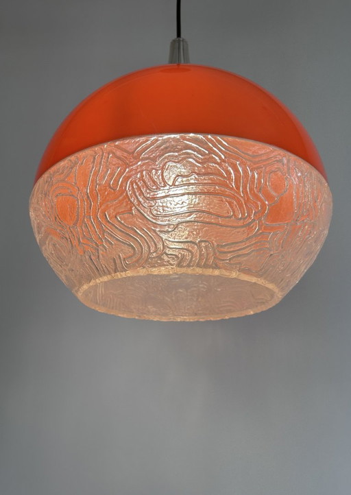 Space age orange hanging lamp - textured plexiglass, 70s