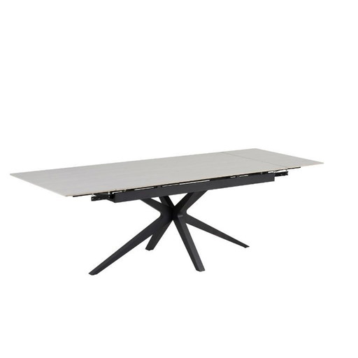TONIA EXTENDABLE DINING TABLE, BLACK METAL BASE, WHITE TRAVERTINE CERAMIC TOP, 160/240x90x76cm