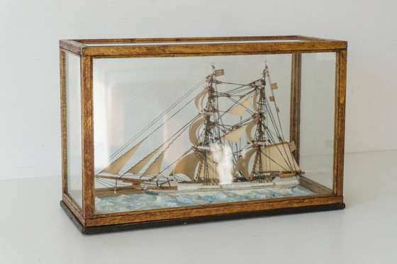 Image 1 of Antique Maritime Diorama - Handmade Boston Ship Model "Cherokee" in Display Case (ca. 1900)