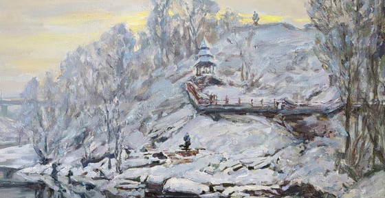Origineel Olieverfschilderij Natuur Landschap Sneeuw Winter aan de Rivier – Schilderijen & Tekeningen, Canvas (photo 3 of 5)