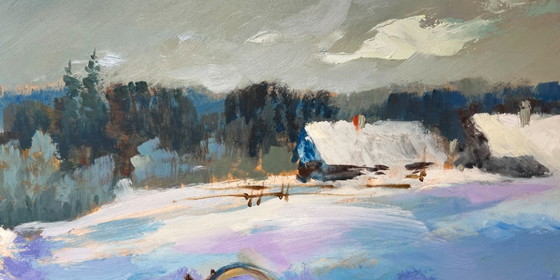 Image 1 of Original Oil Painting Winter Field Landscape Returning home on a winter evening