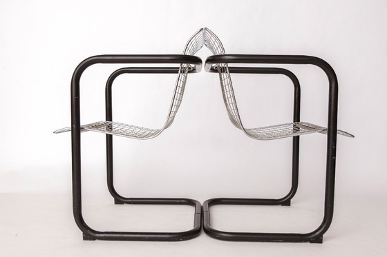 Image 1 of Coppia di poltrone vintage in metallo - rete metallica cromata e struttura nera - Italia anni '80