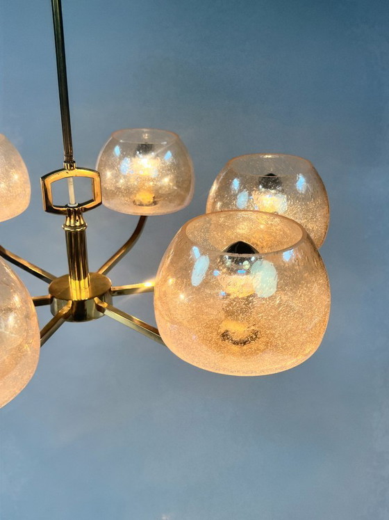 Image 1 of Vintage Brass Chandelier/Pendant Lamp, 6 Arms, Amber Bubble Glass