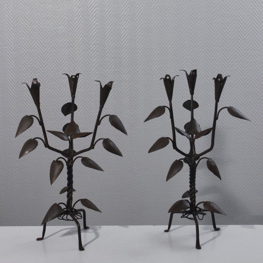 Pair of Floral Wrought Iron Candlesticks Vintage Brutalist Design Mid 20th Century