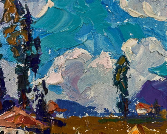 Image 1 of Original Oil Painting Summer Village Landscape A ray of sunshine in smile of nature