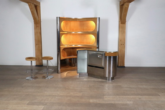 Image 1 of Suede and Chrome Dry Bar with Barstools in Cognac by Willy Rizzo, Italy 1970s