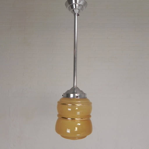 Art-Deco-Pendelleuchte mit beigefarbenem Glasschirm, 1930er Jahre