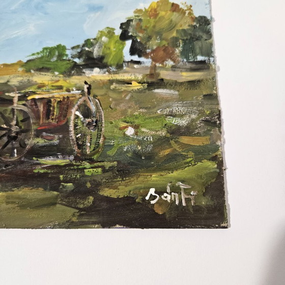 Image 1 of Jozsef BANFI (1936-) Oil Painting on Cardboard | Horse and Cart on the Farm | Signed by Bánfi | Famous Hungarian Painter