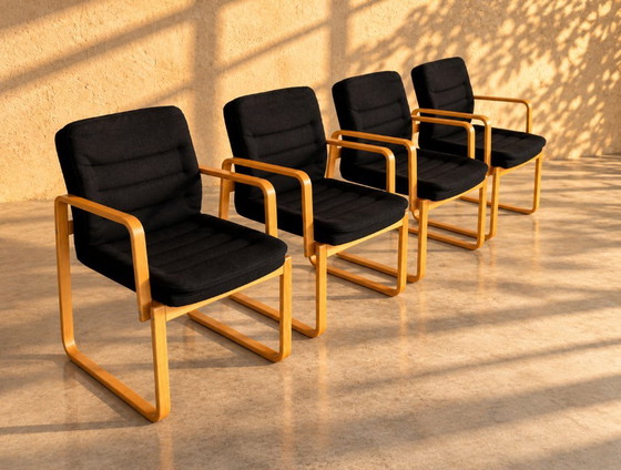 Set of four Dining chairs with wooden frame and black upholstery, Textile, Scandinavian (photo 3 of 10)