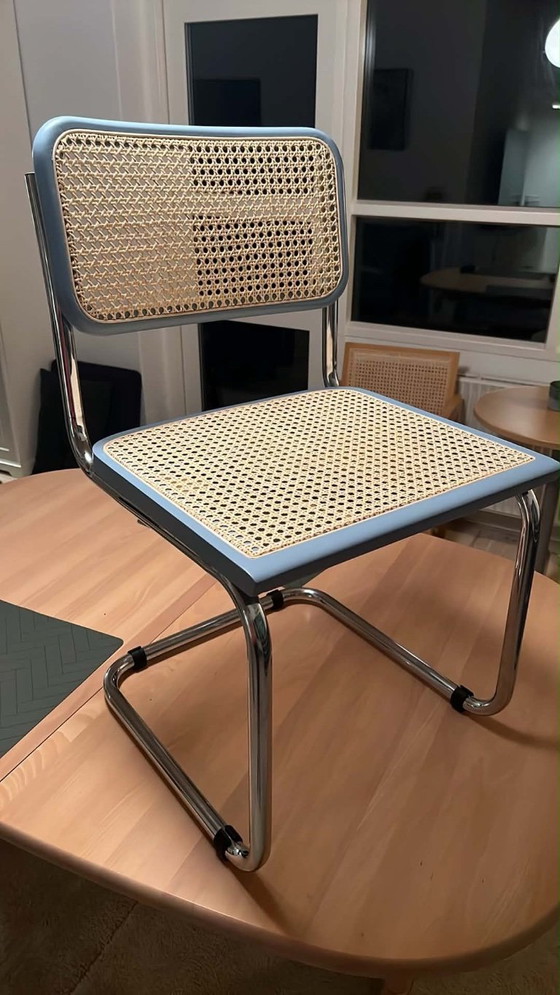 Set of 4 Vintage Italian Cesca Chairs, Sky Blue & Cane, 1990s, Dining chairs, Metal, Wicker, Modern (photo 5 of 5)