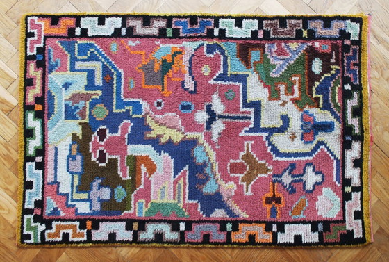 Image 1 of Wollen vloerkleed uit de jaren 60 met levendig geometrisch abstract patroon