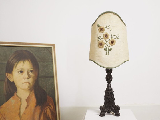 Image 1 of Vintage Carved Wood Barley Twist Lamp with Hand Embroidered Floral Shade and Acanthus Leaf Tripod Feet