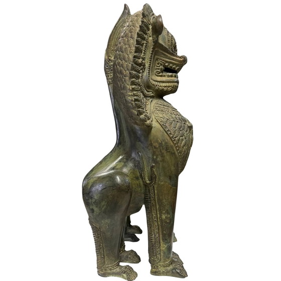 Coppia di Leoni del Tempio Singha Monumentali - Antichissimi Guardiani della Casa - 7,4 kg Bronzo – Sculture (photo 4 of 10)