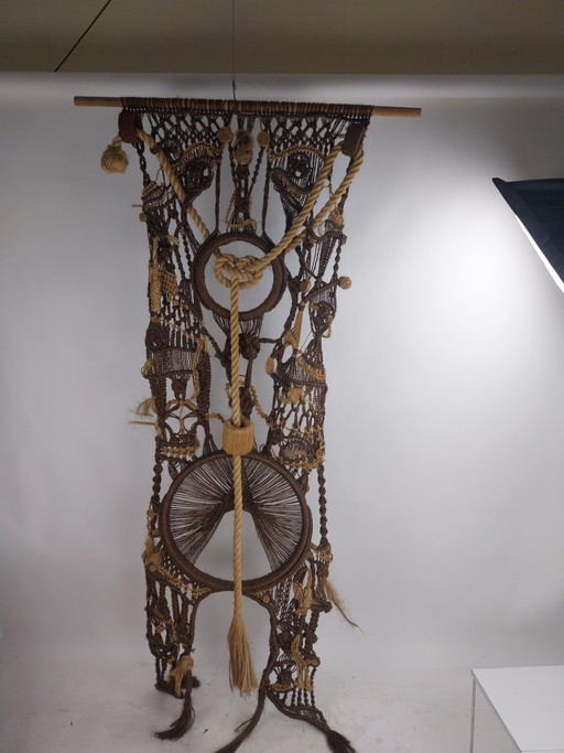 1 x brutalistische Wanddekoration braun mit Seil Kork 1970er 225cm hoch 80cm breit