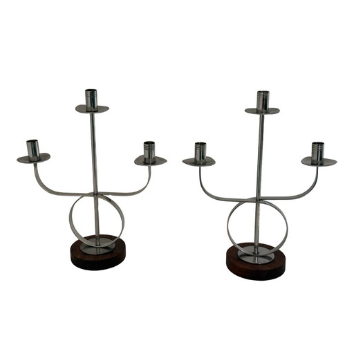 Set of two - Candelabra holding three candles each - Teak wood and chromed metal - ca. 1970’s, Scandinavian
