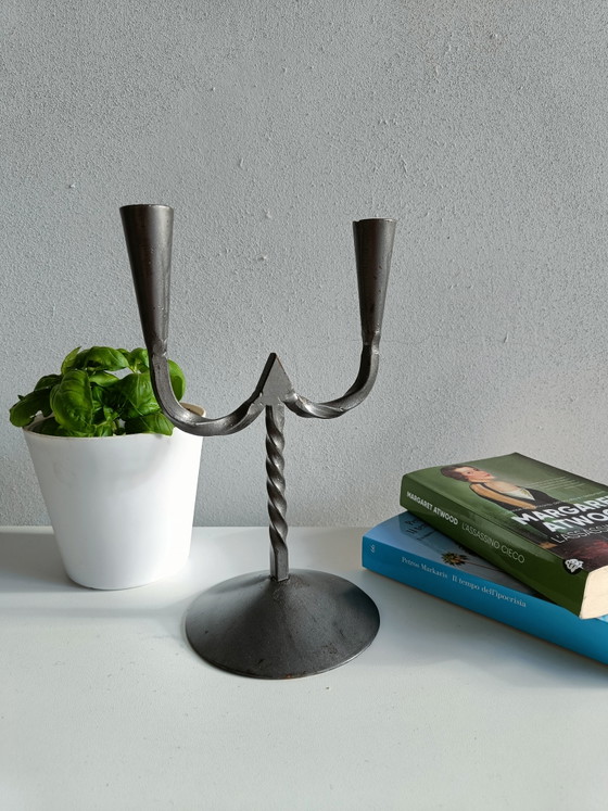 Image 1 of Hand-forged brutalist steel candlestick – double candle holder – artisan wrought iron