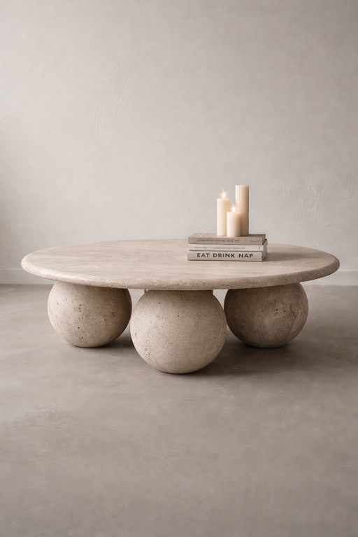 Round travertine coffee table