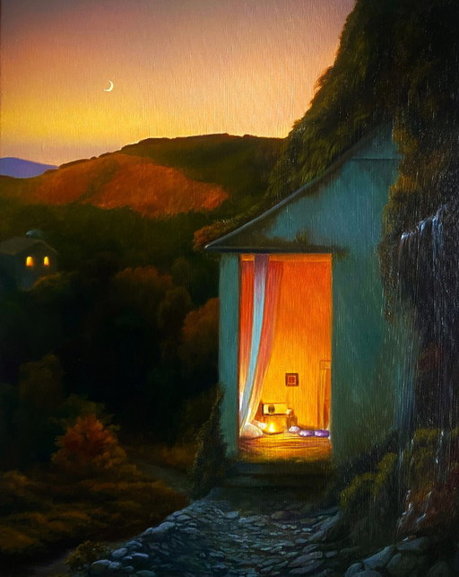 Original Oil Painting Symbolism House Be a Light in the Darkness – schilderijen tekeningen, Canvas