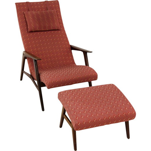 Poltrona vintage con poggiapiedi in teak e tessuto, Svezia anni '60