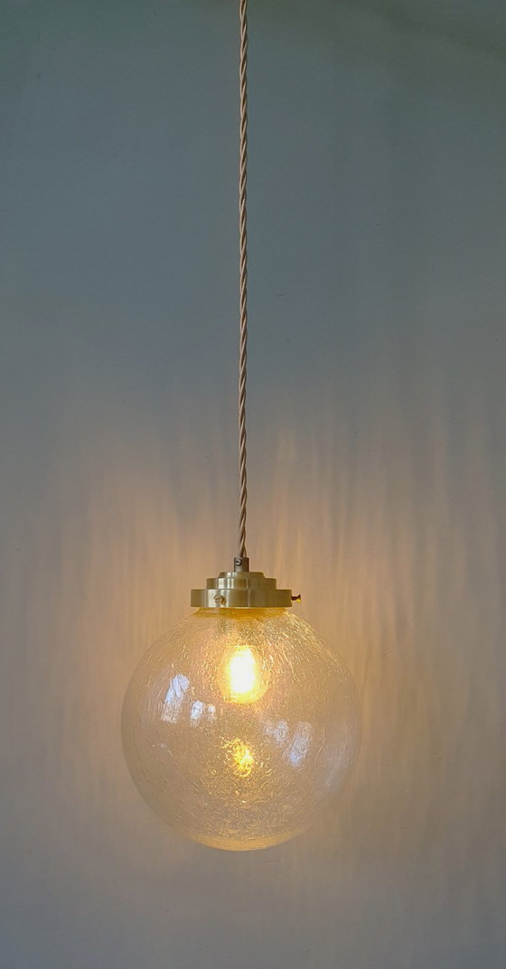 Image 1 of Vintage plafond hanglamp van getextureerd / bubbelglas - Mid Century