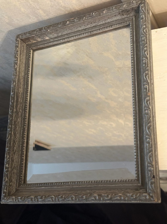 Antique Beveled Mirror, Anthracite Molded Wood Frame H 30/W25 cm, Glass, Grey, Vintage (photo 7 of 12)