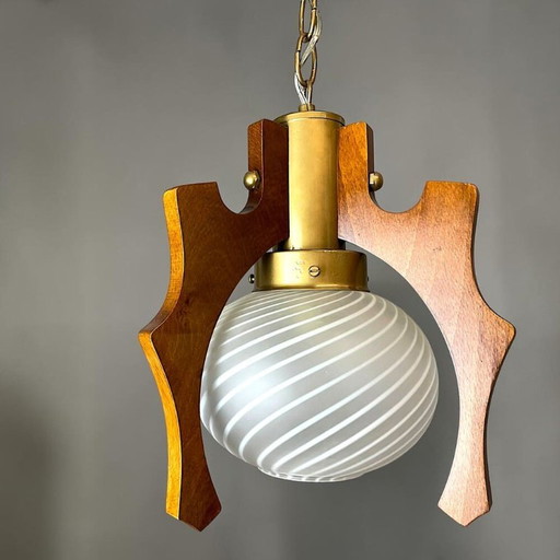 Hanglamp in Scandinavische stijl van hout en gestreept glas, jaren 70 – hanglampen, Wood