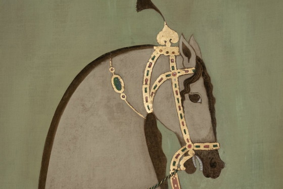 Image 1 of Toile peinte figurant un cheval indien robe claire, de profil. Contemporain.