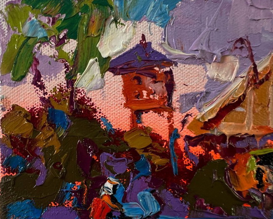 Image 1 of Original Oil Painting Summer Village Landscape Sunset Behind The Clouds